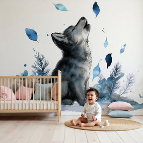 Wolf mural wallpaper creating magical forest atmosphere in modern children's bedroom by Kids-Mundo