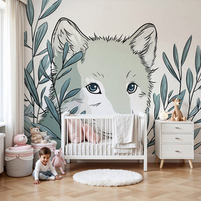 Wolf forest mural wallpaper creating peaceful nursery decor with natural wood furniture by Kids-Mundo