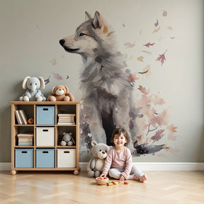 Wolf autumn leaves mural wallpaper in cozy nursery room with wooden furniture by Kids-Mundo