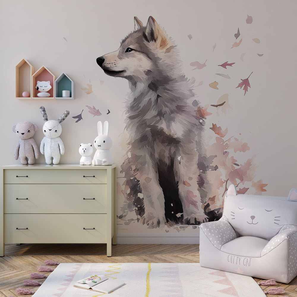 Kids-Mundo wolf pup mural installed in a children's bedroom, made-to-measure woodland wallpaper design.