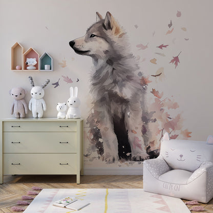 Kids-Mundo wolf pup mural installed in a children's bedroom, made-to-measure woodland wallpaper design.