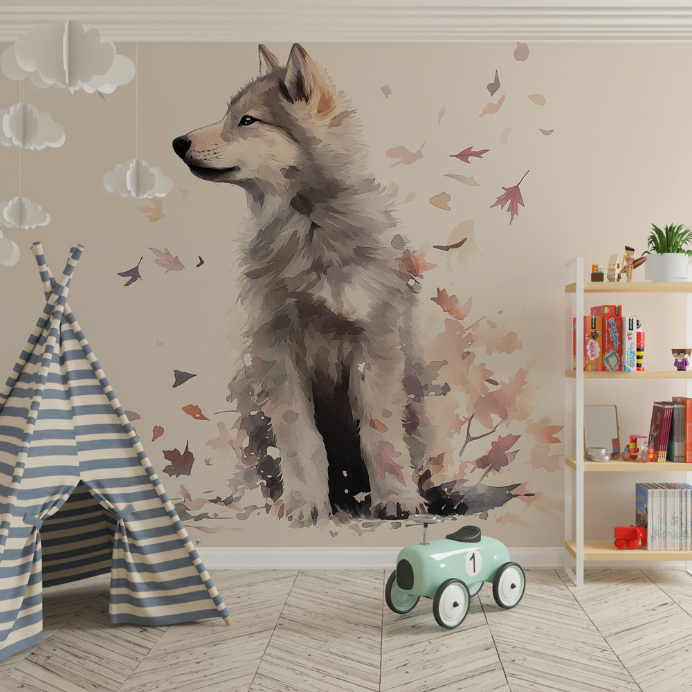 Kids-Mundo wolf pup mural covering a playroom wall, made-to-measure autumn leaves wallpaper.