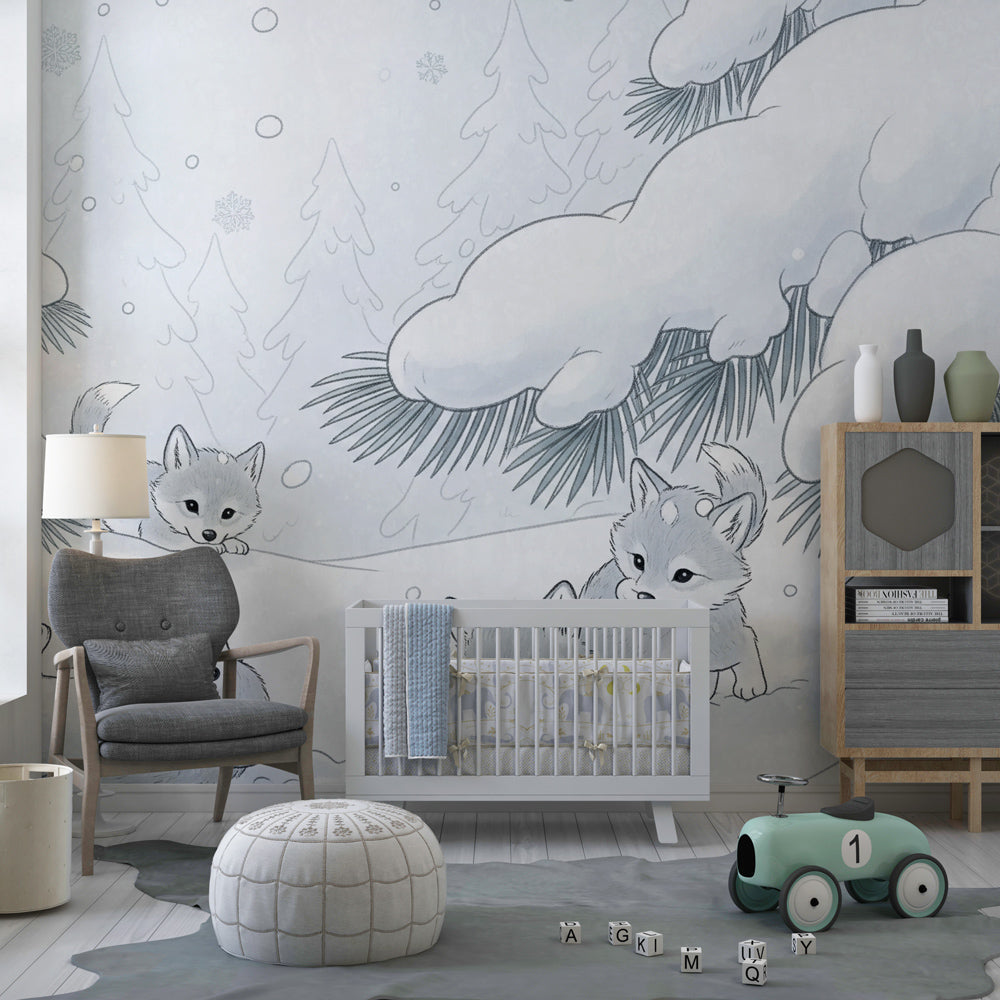 Winter wolf cubs wallpaper creating magical snowy forest atmosphere in children's bedroom