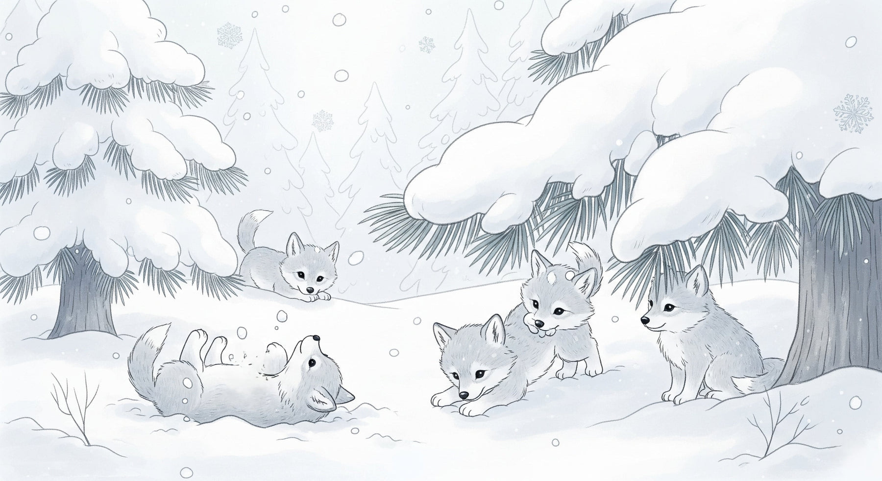 Detailed wolf pups in snow forest mural wallpaper design pattern by Kids-Mundo