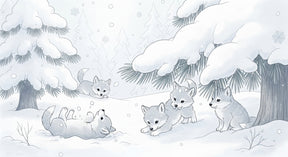 Detailed wolf pups in snow forest mural wallpaper design pattern by Kids-Mundo