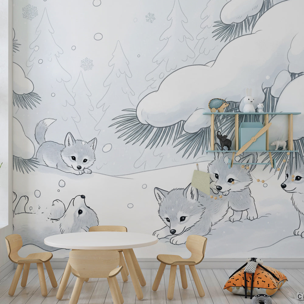 Woodland wolf pups mural wallpaper transforming kids playroom into winter wonderland adventure