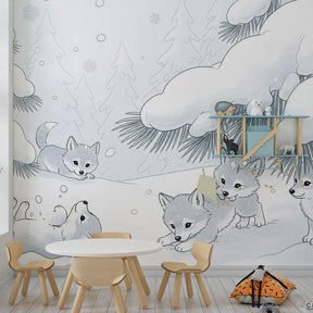 Woodland wolf pups mural wallpaper transforming kids playroom into winter wonderland adventure