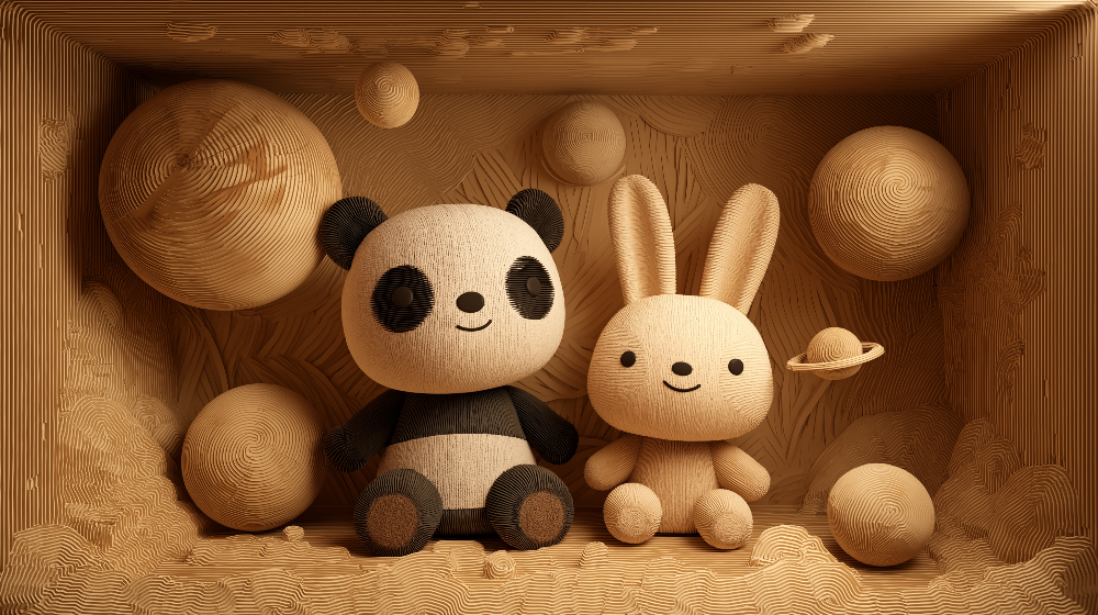 Kids-Mundo flat artwork of wooden toy panda and rabbit figures among carved wooden planets