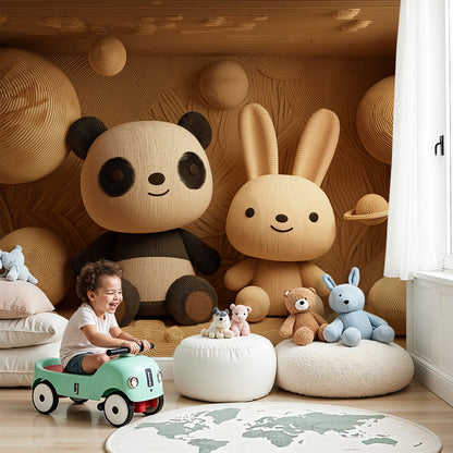 Kids-Mundo wooden panda and rabbit wall mural styled in a warm beige nursery with a cot