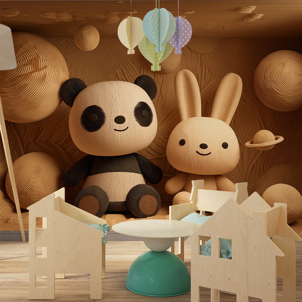 Kids-Mundo panda and rabbit toy wall mural adding warmth to a playroom wall