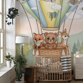 Woodland friends hot air balloon wallpaper creating magical children's bedroom decor
