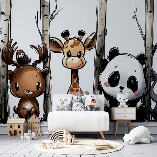 Kids-Mundo woodland wall mural with giraffe, panda and owl shown in a children's bedroom
