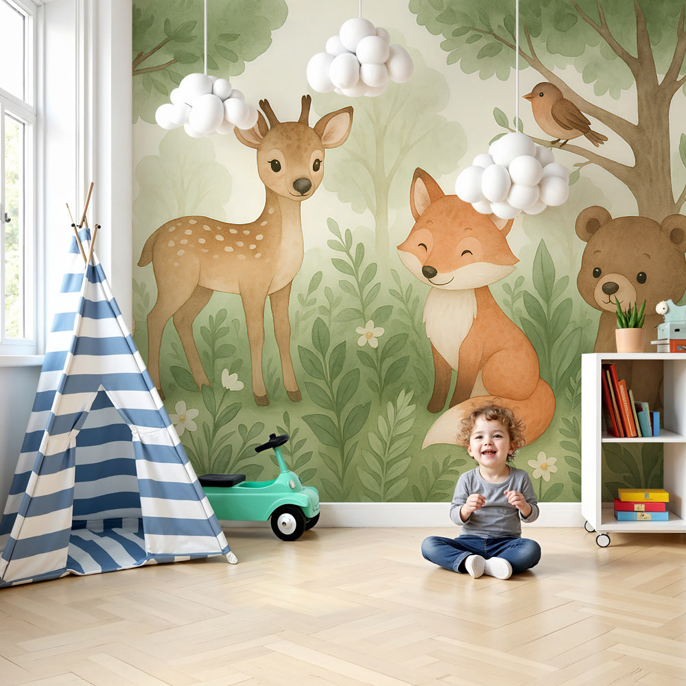 Woodland animal wall mural by Kids-Mundo styled in a bright, sunlit nursery room