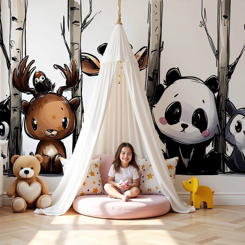 Kids-Mundo woodland animal wall mural with fox and panda shown in a calm nursery room