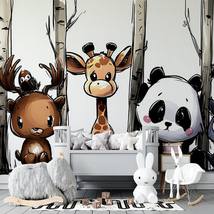 Kids-Mundo woodland animal wall mural with bear and fox shown in a playful playroom