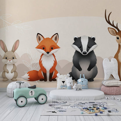 Kids-Mundo rabbit, fox, badger and deer mural styled on a wall in a kids bedroom