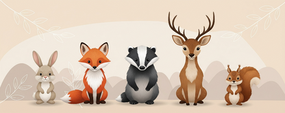 Kids-Mundo flat artwork preview of the woodland animal lineup wall mural with rabbit, fox and deer