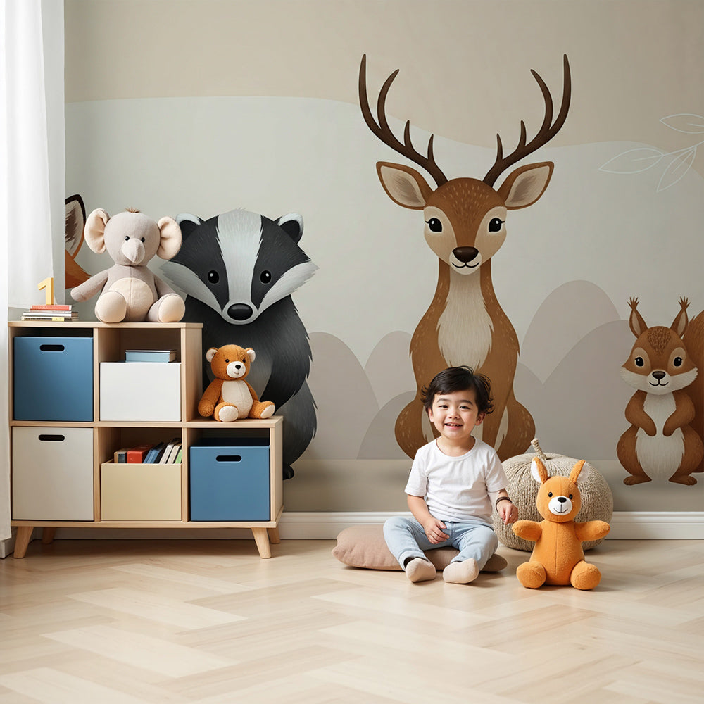 Kids-Mundo woodland animal lineup wall mural with rabbit and fox installed in a nursery