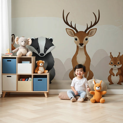Kids-Mundo woodland animal lineup wall mural with rabbit and fox installed in a nursery