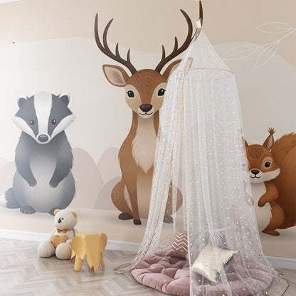 Kids-Mundo woodland animal lineup mural brightening a child's playroom feature wall