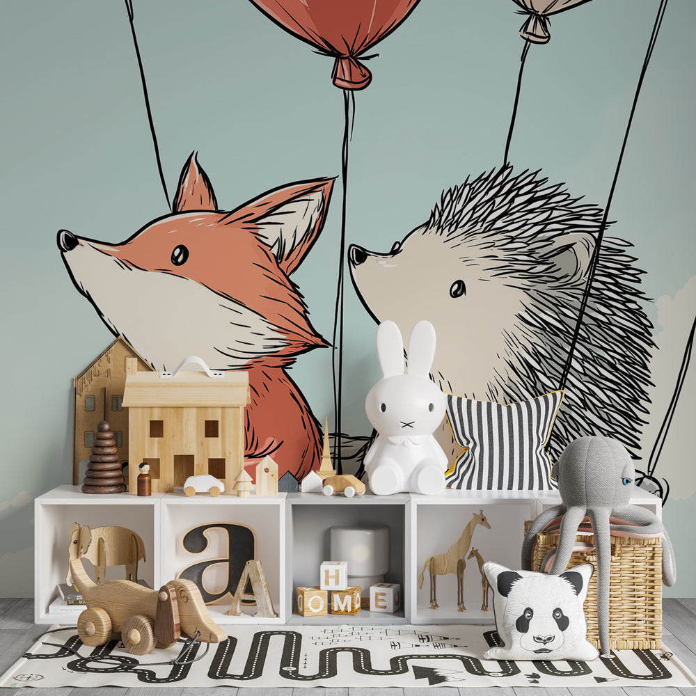 Fox and hedgehog balloon wallpaper creating magical children's bedroom decor