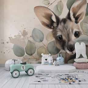 Nature-themed children's bedroom featuring woodland creature mural wallpaper with beige botanical elements