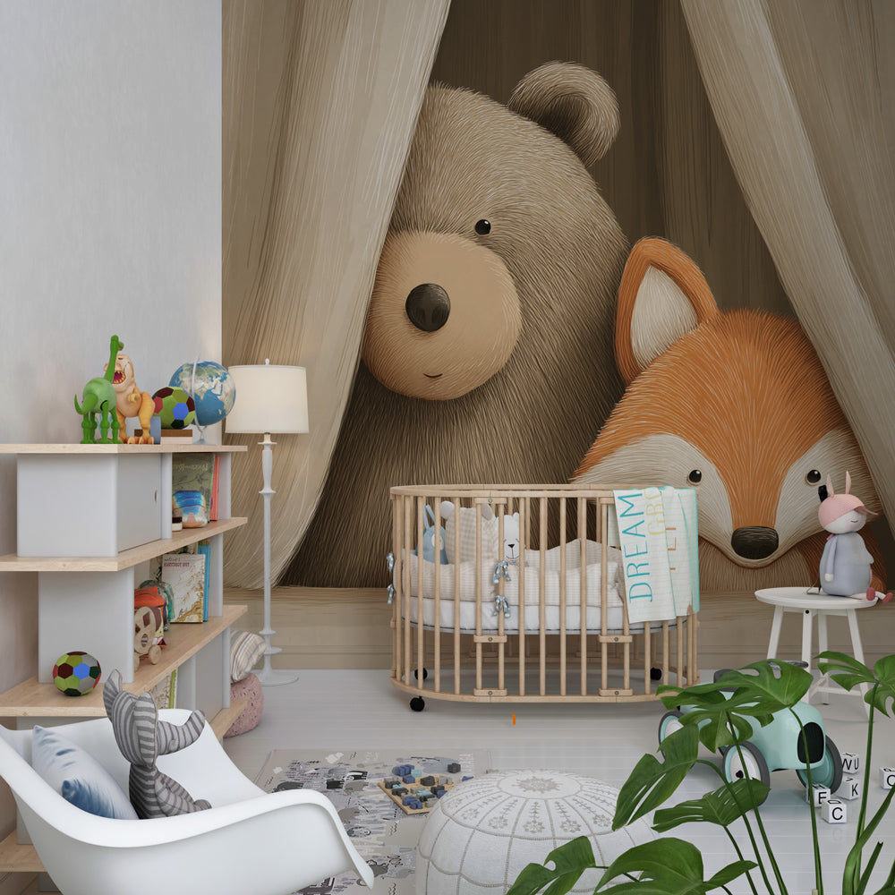 Animal friends wallpaper transforming kids playroom into magical woodland sanctuary