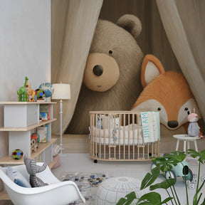 Animal friends wallpaper transforming kids playroom into magical woodland sanctuary