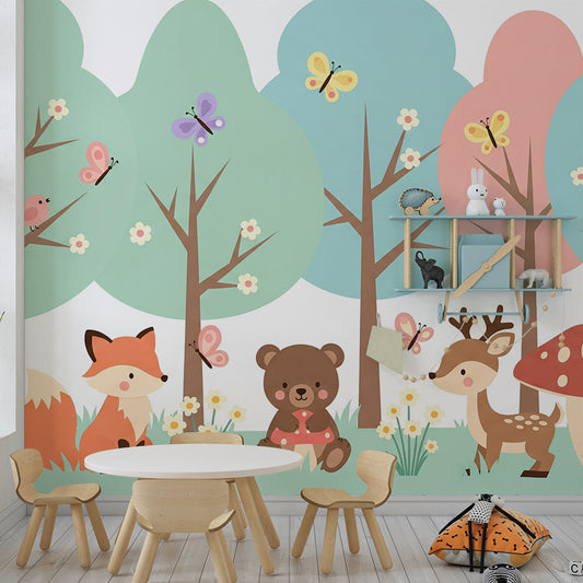 Kids-Mundo woodland animals wall mural with fox and friends on a child's bedroom feature wall.