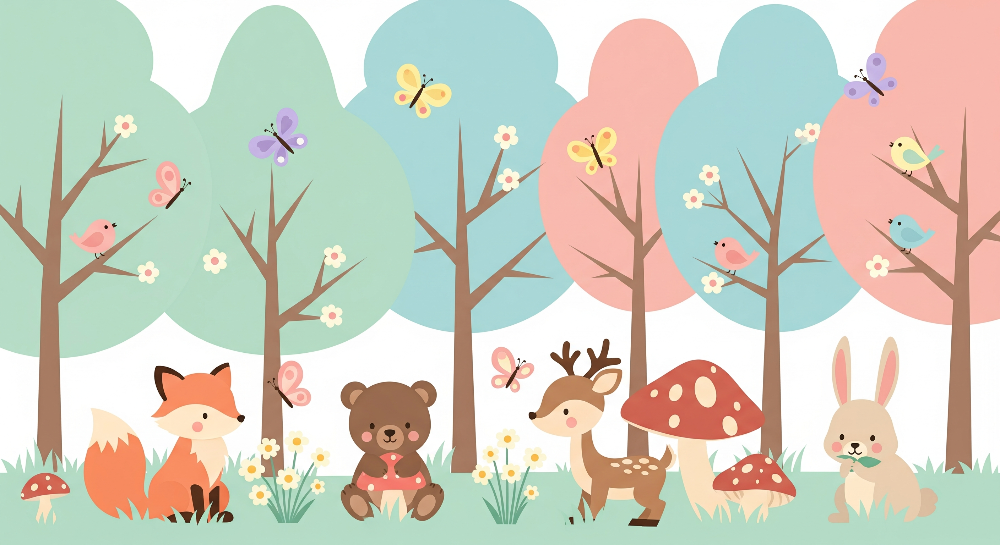 Kids-Mundo flat artwork of woodland animals gathered beneath rows of pastel treetops.