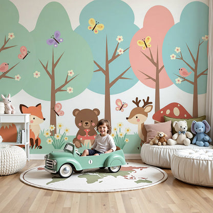 Kids-Mundo woodland animals wall mural with pastel trees in a bright, playful nursery room.
