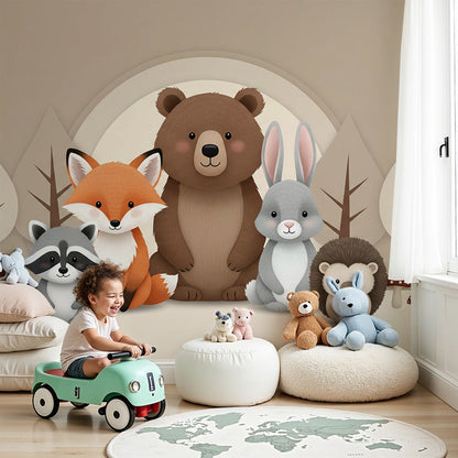 Kids-Mundo woodland animal friends wall mural styled in a warm, cosy nursery room