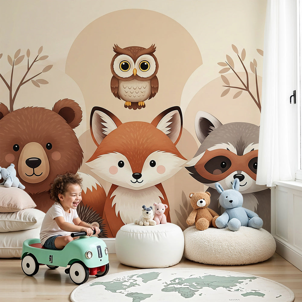 Kids-Mundo woodland animal portrait wall mural with bear and fox installed in a nursery