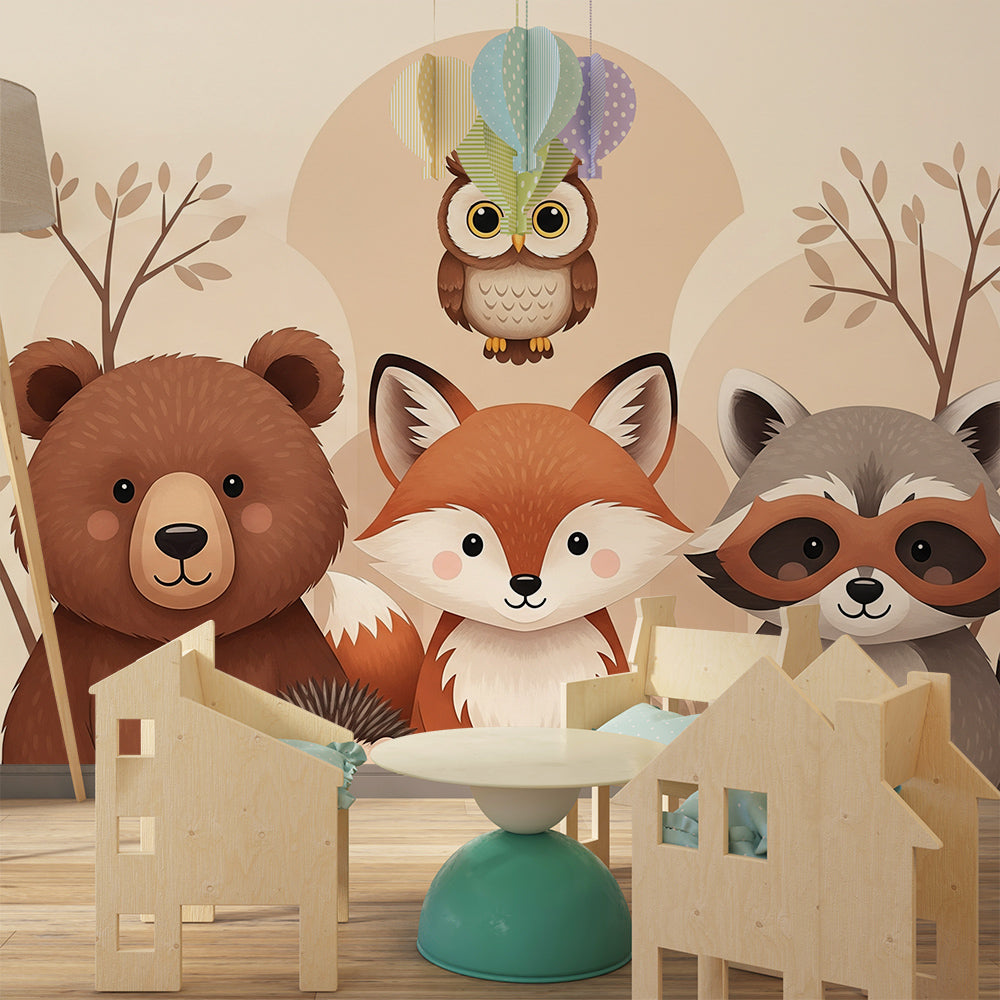 Kids-Mundo woodland animal portrait mural brightening a child's playroom feature wall