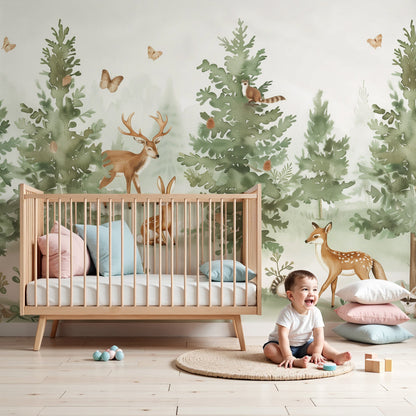 Woodland animals watercolour forest wall mural made to measure for a nursery, Kids-Mundo