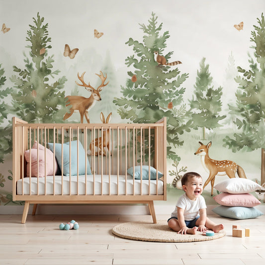 Woodland animals watercolour forest wall mural made to measure for a nursery, Kids-Mundo