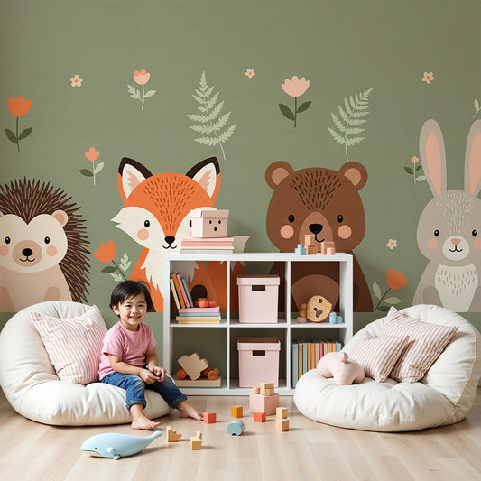 Kids-Mundo woodland animals wall mural in a sage-green nursery with a white cot and wooden shelf.