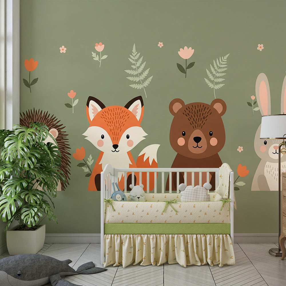 Kids-Mundo woodland animals wall mural in a playroom with soft floor cushions and open shelving.
