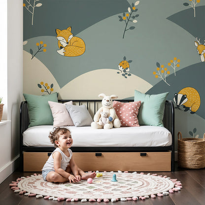 Kids-Mundo fox and deer woodland wall mural in a calm, softly lit baby nursery.