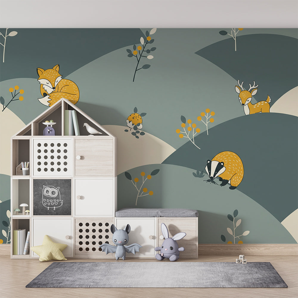 Kids-Mundo fox, deer and badger wall mural brightening a calm children's playroom.