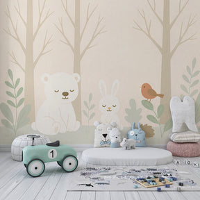 Cute woodland animals wallpaper creating peaceful atmosphere in children's bedroom decor