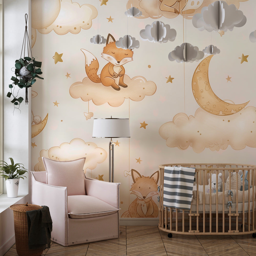 Dreamy cloud-themed mural wallpaper creating magical atmosphere in children's bedroom