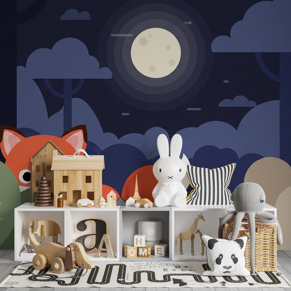 Forest animals wallpaper with fox panda raccoon in peaceful kids bedroom setting