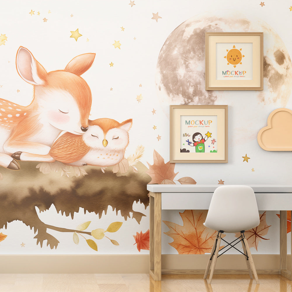 Moose and owl mural wallpaper transforming children's bedroom into cozy woodland sanctuary
