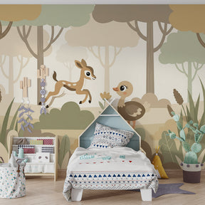 Woodland forest wallpaper creating peaceful children's bedroom decor with natural tones