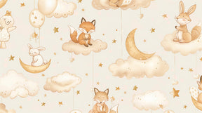 Detailed woodland animals mural wallpaper design pattern with foxes rabbits clouds by Kids-Mundo