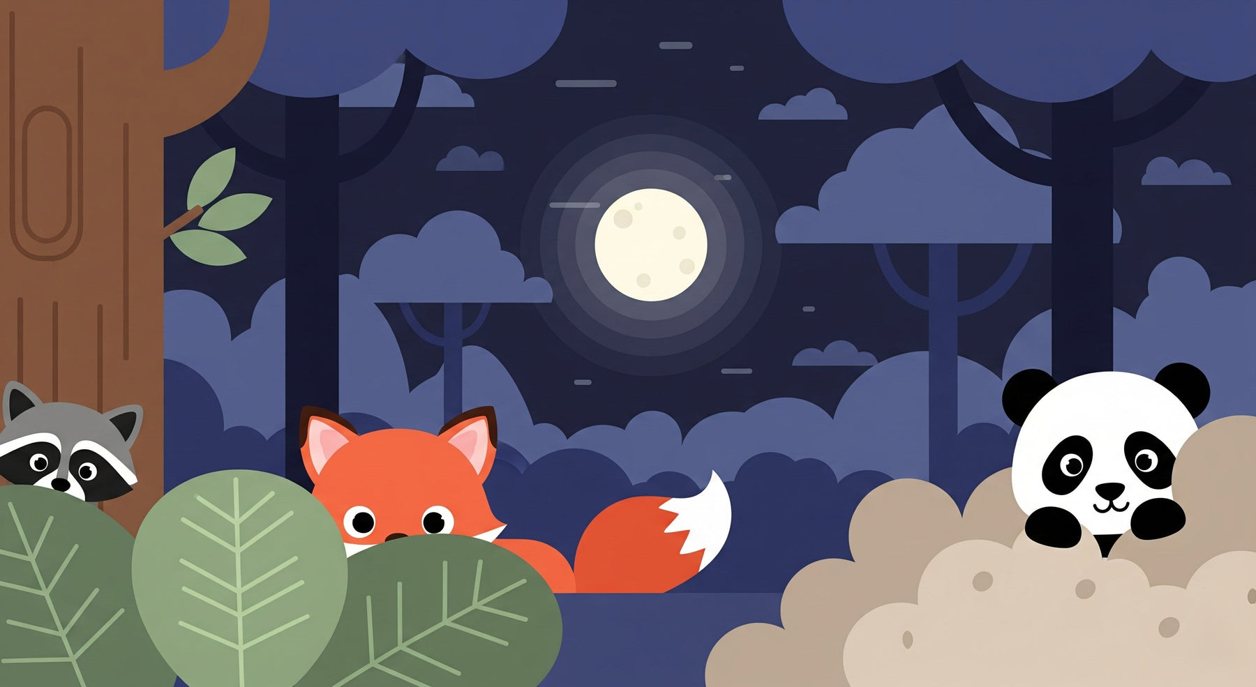 Detailed woodland animals mural wallpaper design pattern with moonlit forest by Kids-Mundo