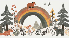 Detailed woodland animals and rainbow mural wallpaper design pattern by Kids-Mundo