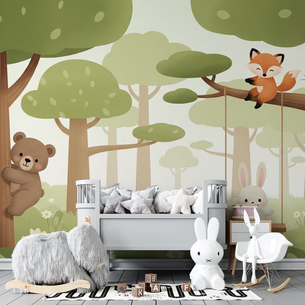 Woodland animals wallpaper creating peaceful children's bedroom with natural green tones