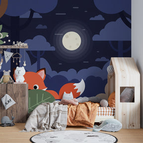 Moonlit woodland mural wallpaper showing calming blue green forest scene for children